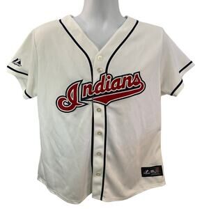 Majestic Indians Baseball Jersey White Button-Up Medium Red Navy Logo